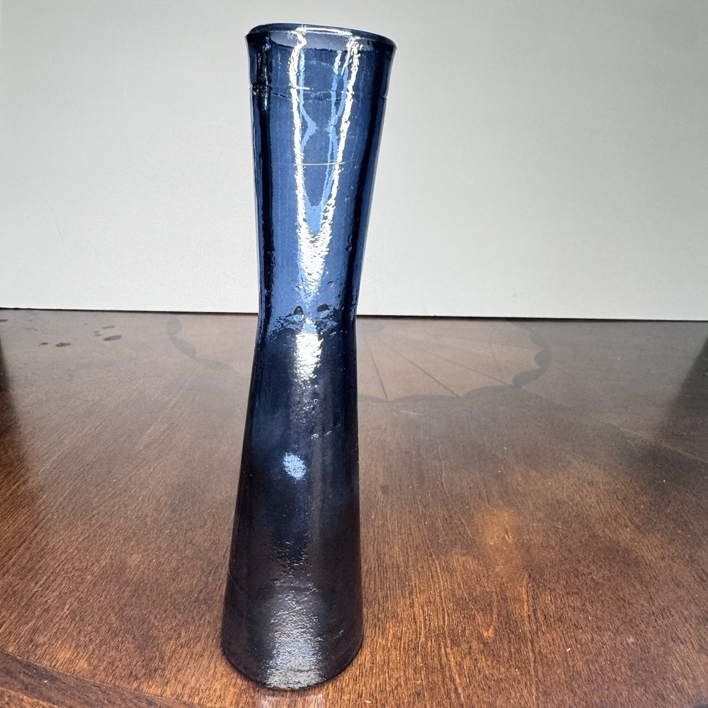 Blue Glass Vase 8in Tall Thin Tapered Neck Glossy Cobalt Blue Home Decor